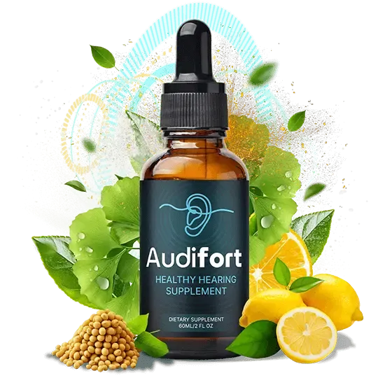 Audifort supplement bottle with natural ingredients in the background