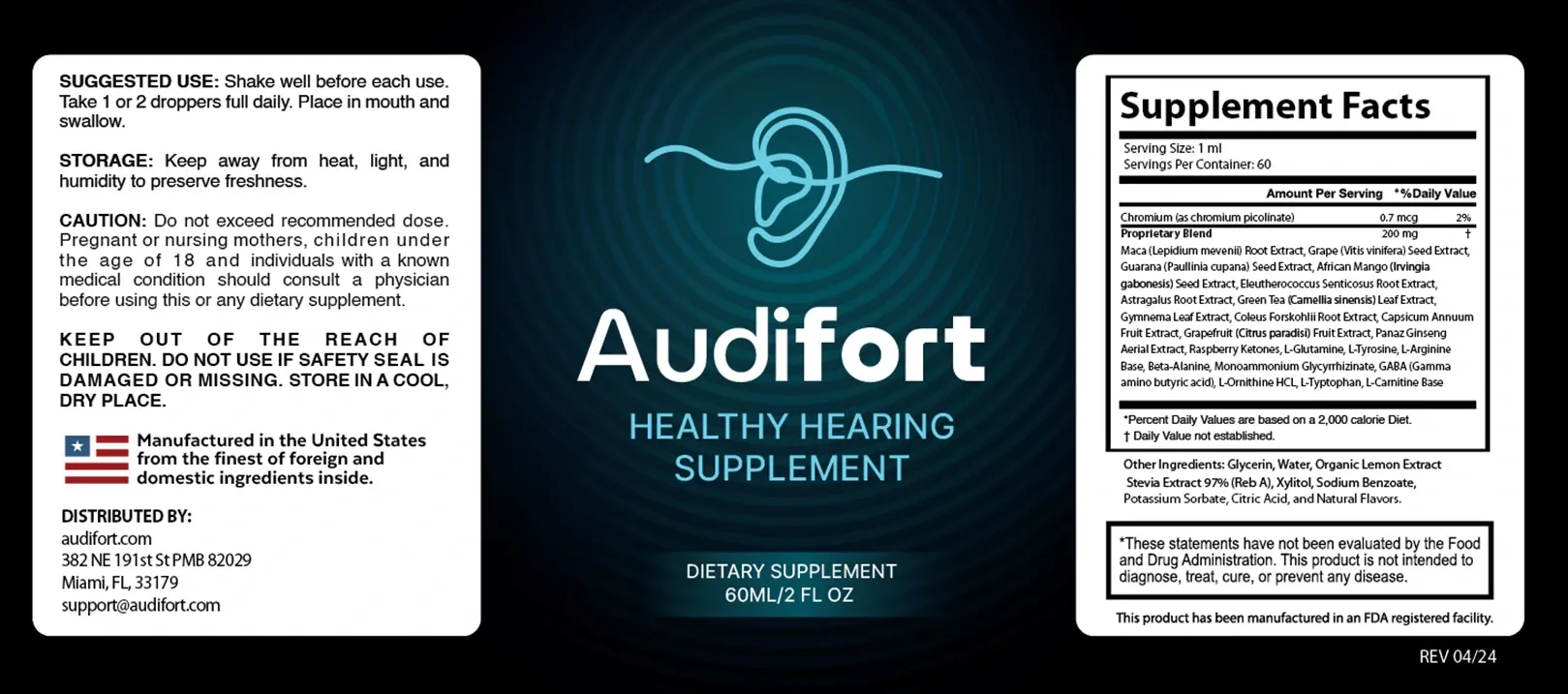 Audifort label showing the full list of ingredients